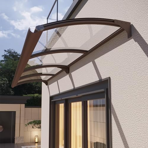 Transparente Fenstermarkise,65/80/100/120/150cm Pultvordach,Pultbogenvordach,Haustürvordach,Terrassenüberdachung,Regenschutz Eingangsmarkise,mit Brauner Halterung (150x240cm/59x94)