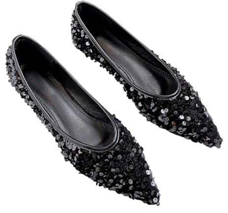 Minetom Damen Ballerinas Elegant Glänzende Pailletten Flache Ballerinas Spitze Zehe Glitzer Bequeme Party Hochzeit Flats Schuhe B Schwarz 35 EU