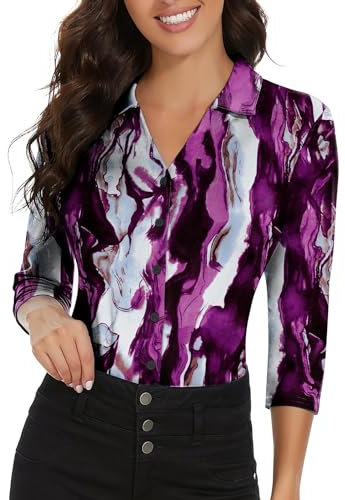 Soneven Camicia Donna Estiva Elegante, a 3/4 Maniche Lunghe Camicetta con Scollo a V Polo da Golf da Lavoro con Bottoni Stampa crepa Viola L