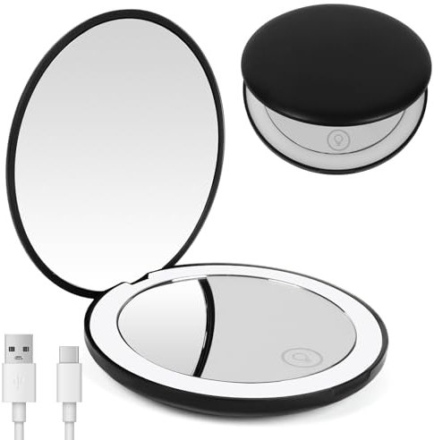 OSDUE Miroir de Maquillage de Voyage éclairé par LED - Grossissant 1x / 10x,Double Face LED Miroir de Poche Lumineux, Compact et Portable pour Voyage, Petit Miroir Portable de Maquillage(Noir)