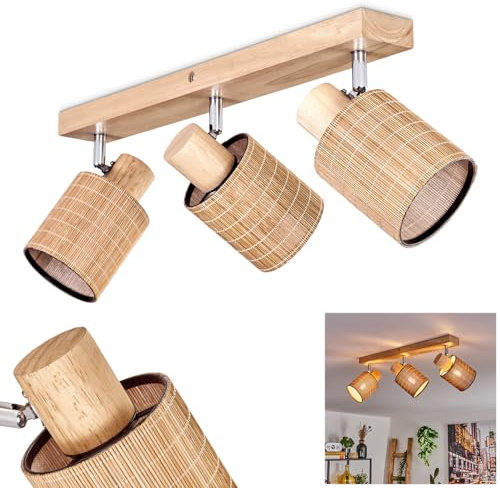Deckenleuchte Kinnared, moderne Deckenlampe aus Holz/Metall/Bambus in Naturfarben/Chromfarben/Braun, Leuchte 3-flammig im skandinavischen Design mit verstellbaren Strahlern, 3 x E14, ohne Leuchtmittel