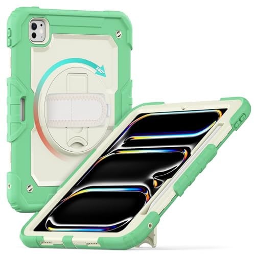 Soyeacrg Hülle für iPad Pro 11 Zoll (M4, 2024), verbesserte vollständige Abdeckung, 3-lagige, robuste Schutzhülle zum Umhängen, mit drehbarem Ständer und Griff, Schultergurt, Stifthalter,L