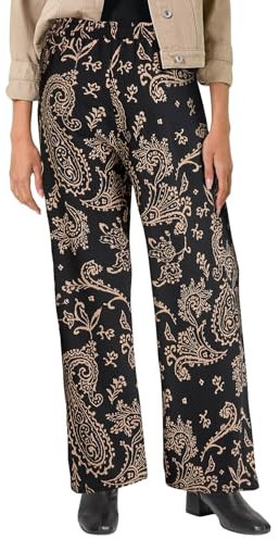 Roman Originals Wide Leg Trousers for Women UK - Ladies Palazzo Pants Floral Print Abstract Everyday Holiday Spring Summer Comfy Soft Evening Vacation Work Party - Black Natural - Size 18