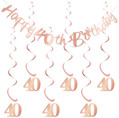 Melhope 40th Birthday Party Decorations Rose Gold Happy Birthday Bunting Banner with 6pcs Hanging Swirls Streamers for Girl Women Party Decor Supplies