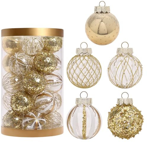 VITEVER 25ct 6cm Weihnachtskugeln Ornamente, bruchsichere für Weihnachtsbaum, farbige Dekoration für Weihnachtsfeier, Baumschmuck Haken enthalten (Gold, 60mm)