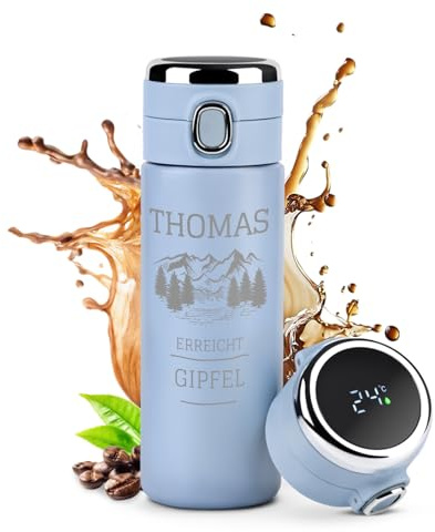 Maverton Thermosflasche mit Gravur 400 ml mit LED-Touch-Anzeige - Reisebecher auslaufsicher 100% dicht - Trinkflasche aus Edelstahl - Thermobecher für Männer - blau - Gipfel