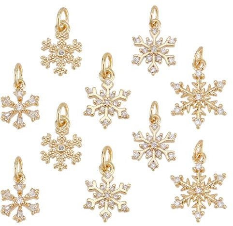 PH PandaHall 18K Gold plattiert Schneeflocke Charms 10pcs Weihnachten Schneeflocke Anhänger DIY-Schmuck Xmas Charm Anhänger Cubic Zirkonia Winter-Anhänger für Crafting Armband Halskette Schmuck machen