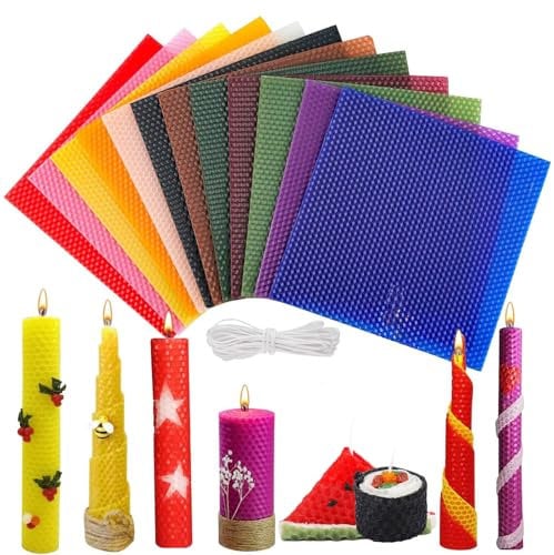 Fleymu Bienenwachs-Kerzenherstellungs Set, DIY-Kerzen Selber Machen Set Kinder, 12 Bienenwachsplatten (20 * 20 cm) mit 6m Baumwolldocht, Bienenwachskerzen für Hochzeitsdeko & Geschenke (Gelb)