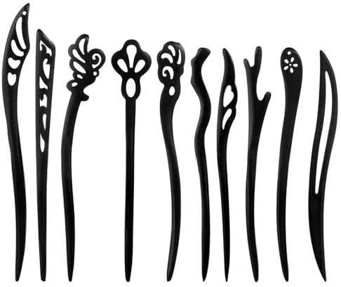 JIYIN 10 Stück Holz Haarstäbchen, Haar Essstäbchen Vintage Haarnadel für Dutts Retro Haarstab Schwarz Holz Haarspangen Chinesischer Stil Haarstäbchen für Damen Frauen Mädchen(Stil 1)