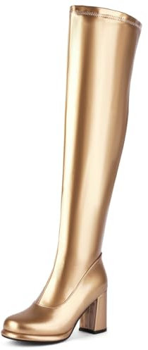 Diuniarza Woeens Vernice Sopra Il Ginocchio Warm Pelle Moda Tacco a Blocco Eleganti Stivali Plateau Festa Stivali Alti Zip Oro Numero 32 EU