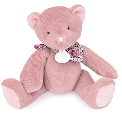 Doudou et Compagnie - L'OURS DOUDOU - Peluche Ours Rose - Pour Enfants dès la Naissance - 25cm - Apaisant et Réconfortant - Compagnon de Douceur avec Foulard Élégant - Garantie Doudou Perdu - DC4161