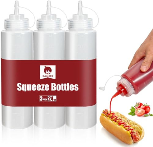 OAMCEG 3 Pack Ketchup Squeeze Bottles - 24 OZ Plastic Condiment Squeeze Squirt Bottles and Caps with Discrete Measurements, for Ketchup, BBQ, Sauces, Syrup, Condiments, Dressings, Paint, BPA Free