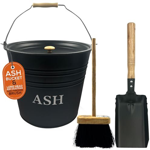 Ash Bucket with Lid Essential Log Burner Accessories Coal Bucket for Safe Ash Storage & Fireplace Maintenance Durable Metal Construction (ASH BUCKET WITH DUSTPAN & BRUSH)