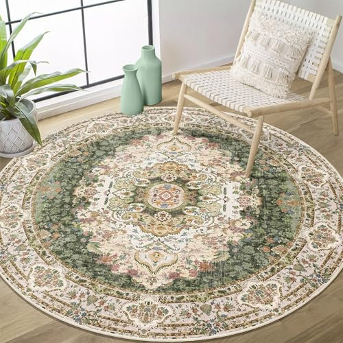 Castage Grüner runder, waschbarer Teppich, 122 cm, für Schlafzimmer, Badezimmer, Eingangsbereich, Boho, Vintage, rutschfest, Salbeigrün
