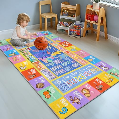 GthreeD Kids Rugs for Playroom - ABC Alphabet Rug Soft Non-Slip 80x150 cm | Learning ABC Alphabet, Numbers, Shapes & Map, Washable Classroom Rug for Toddler Nursery & Kids Room Decor