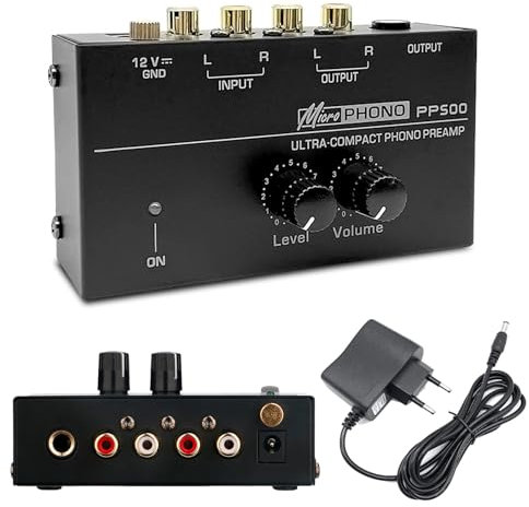 Phono Vorverstärker Plattenspieler, Phono Preamp für Plattenspieler mit MM Abtast Systemen, RCA Input & Output, Verstärker Stereo mit Pegel, Vorverstärker für Plattenspieler mit 12 Volt DC Adapter