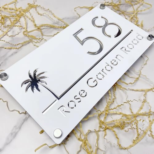 Targhetta con numero civico personalizzato, design moderno, in acrilico, palme, albero, mare, numero civico, targhetta per indirizzo, porta, parete, stanza (bianco argento)
