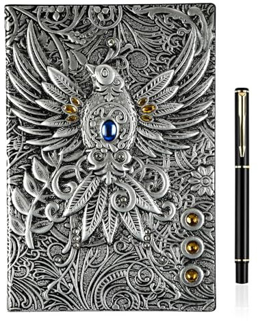 OFFCUP Hardcover Notizbuch A5, 3D Vogel Vintage Notizbuch,Geprägtes Ledertagebuch Vintage Tagebuch mit Stift, Geprägt Reise Tagebuch Handgefertigtes Buch Reisenotizbu(Silber)