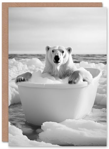 Artery8 Personalised Polar Bear In Bathtub Black White Arctic Seascape For Him Or Her Art Birthday Card
