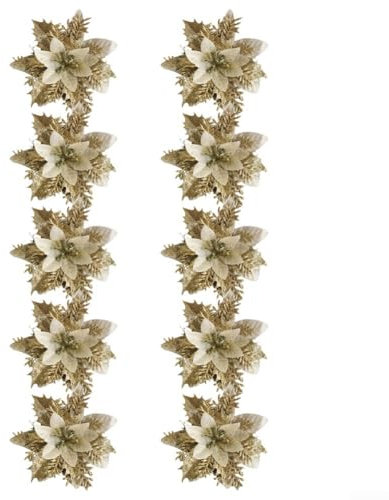 10 Stück Deko Glitzer Kunstblumen für Weihnachtskränze und Weihnachtsbäume (Gold)