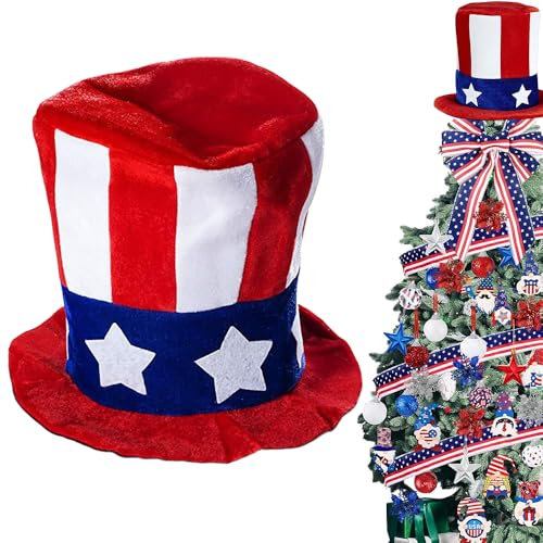 Puntale per albero di Natale patriottico a forma di cappello a stella, rosso, bianco e blu, decorazione per il 4 luglio, decorazione per festa dell'indipendenza, festa commemorativa (rosso)