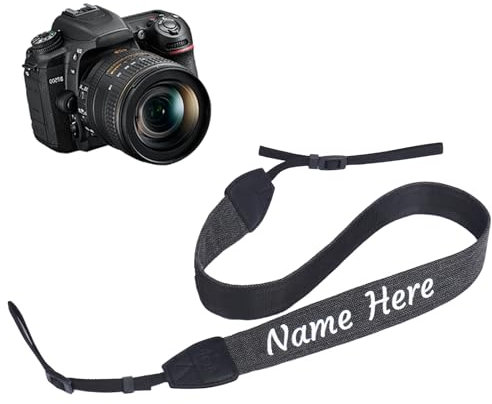 Dinikally Personalised Camera Strap with Embroidery Text Name Canvas Neck Shoulder Strap for DSLR SLR, black, L