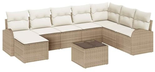 vidaXL 9-teiliges Gartensofa-Set mit beigen und weißen Kissen, modulares Outdoor-Sofa für die Terrasse, strapazierfähige Rattan-Konstruktion, gemütliche Sitzmöbel für die Lounge