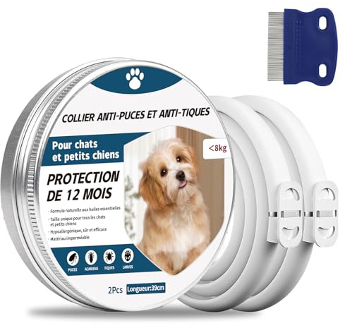 2 Pcs Collier Anti Puces pour Chien, 65cm Réglable Collier Anti-Puces et Tiques pour Chiens et Imperméable, 8 Mois Protéger (Chiot, Chat)