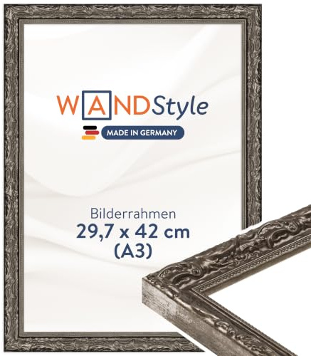 WANDStyle Bilderrahmen A3 Holz, DIN A3 Bilderrahmen Silber Vintage 42x30 cm | Hochwertiger Holzbilderrahmen Antik, Posterrahmen zum Aufhängen, Rahmen 30x42 cm, Fotorahmen H530 Made in Germany