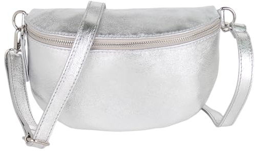 MIRROSI® Bauchtasche Damen, Made in Italy, Echtleder Umhängetasche Echtes Leder, Brusttasche, Crossbody Bag aus Echtem Leder, in 3 Größen erhältlich (Metalic Silber, Mittelgroße Tasche (25x16x7cm))