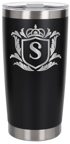 Customised Gifts 500ml Engraved Shield Initial Monogram Insulated Personalised Black Travel Mug for Men and Women - Personalised Initial Coffee Travel Mug for Hot and Cold Beverages, Letter S