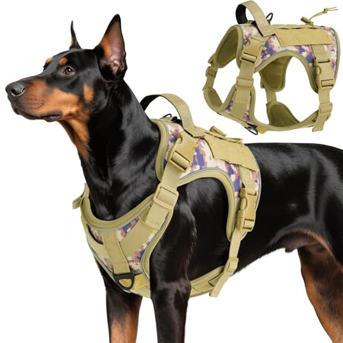 VavoPaw Taktisch Hundegeschirr, Einfach Kontrolle & Anti Zug Hundegeschirr mit Molle Panel und Reflektierend Streifen, Taktisch Weste für Hunde Training, Wandern, Jagd, Outdoor, Wüste Tarnung, L