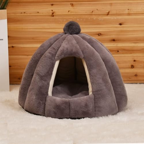 Große Katzenhöhle Iglu, halbgeschlossenes mittelgroßes kleines Katzen-Hundebett mit rutschfester Unterseite, abnehmbares Kissen, tragbares, warmes Kätzchen-Zelt, Welpen, dreieckiges Haus (Grau, S-48 x