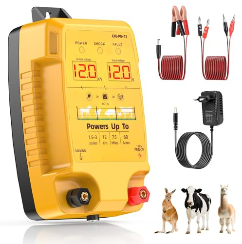 12KM Clôture Électrique pour Bétail Animaux, 12kV 3.0J Tension de Sortie Électrificateur Clôture Électrique avec Écran LCD, Protection pour Chevaux Moutons Chien Jardin Pâturages Ferme (Orangé)