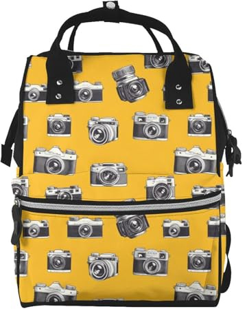 TZTTZT Wickeltasche mit gelbem Druck, Vintage-Kamera, Rucksack, Kleinkind, Baby, Mädchen, Jungen, Wickeltasche für Mama, Papa, Mama, Reisetasche, Babytasche für Damen und Herren