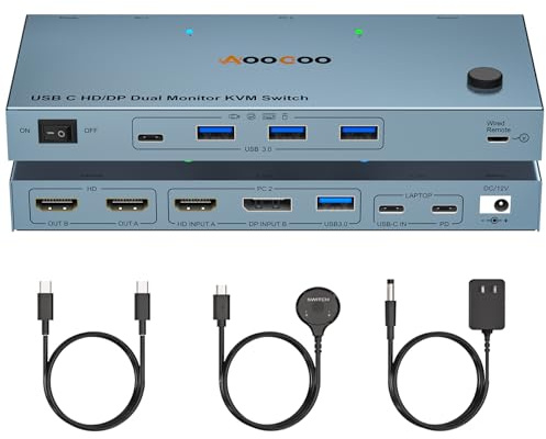 USB C KVM Switch 4K@60Hz, Dual Monitor USB C HDMI DP KVM Switch für 1 PC und 1 Laptop, teilt 2 Monitore und 4 USB 3.0 Geräte, PD-Ladefunktion für Laptop mit kabelgebundener Fernbedienung und