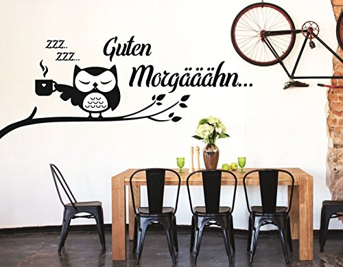 tjapalo® S-pkm83 Wandtattoo Büro Küche Esszimmer Wohnzimmer Guten Morgen Eule mit Kaffeetasse (B130xH50 schwarz oder Farbe nach Kauf senden)