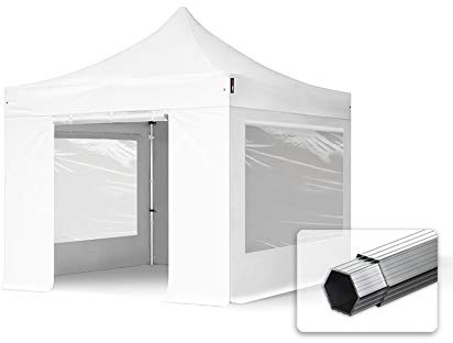 TOOLPORT Faltzelt Professional 3x3 m Faltpavillon mit Seitenteilen (Panoramafenster) ALU Pavillon Partyzelt schwer entflammbar weiß