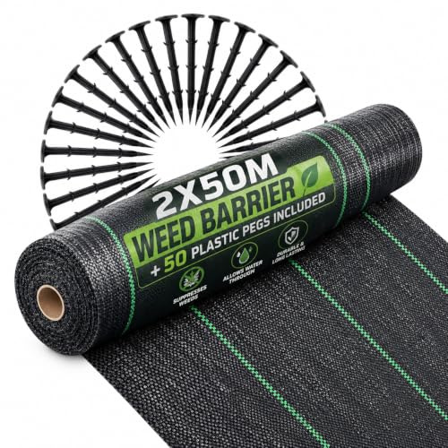 Garden Mile Heavy Duty Woven Weed Control Fabric 50m x 2m | Permeable, Ground Cover Membrane, 50 Pegs Included