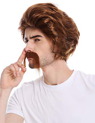 WIG ME UP - 0025-ZA6A Perücke Bart Herren Schnauzbart lang Gallier Germane Barde Bulle Cop 70er Jahre Braun