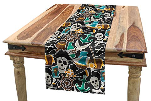 ABAKUHAUS Pirates Tischläufer, Bunte Objekte Meer, Esszimmer Küche Rechteckiger Dekorativer Tischläufer, 40 x 180 cm, Teal Schwarz