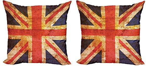 ABAKUHAUS England Dekokissen Kissenbezug 2er Pack, Union Jack Motiv Grunge, Modern Accent Doppelseitiger Digitaldruck, 40x40, Nachtblau Zinnoberrot