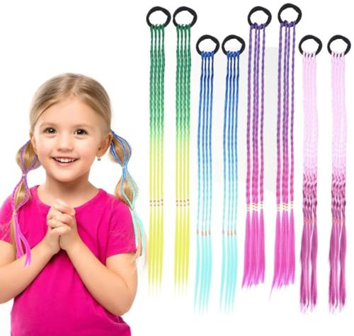 Bunte Haarsträhnen Kinder, Kinder Haarverlängerungen Geflochtenes Haargummiband, Farbverlauf Mädchen Haarteil Band mit elastischem Seilband für Kinder und Frauen - 8 Stk (A)