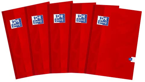 Oxford Schulheft A5 Kladde 96 karierte Blätter mit Seitenrand, Optik Paper 90 g, fester laminierter Umschlag, Notizblock Set für Büro & Schule, 5 Stück-Packung, Rot