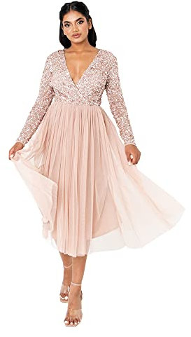 Maya Deluxe Women's Maya Faux Warp Front Embellished Midi Bridesmaid Dress, Taupe Blush, 40 EU