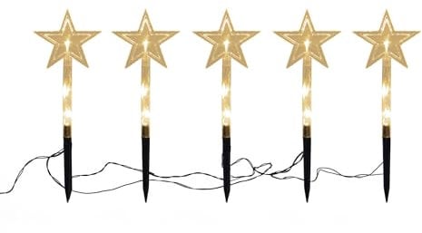 LED Garten Leuchtstäbe Stern 24 cm (transparent) - 5er Set mit Batterie und Timer - Gartenstecker Balkon Weihnachts Deko Außen