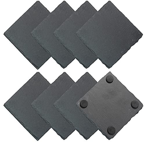 aleawol 8 Pcs Natural Slate Coasters 4 Inch Drink Black Square Handmade Coasters Cup Pad Mat Drink Placemats Non Slip for Coffee Beer Mug Wine Glass