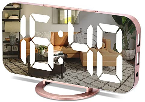 YGON Slim Digital Alarm Clock, Daul USB Charger Ports, Dimming Mode, Large Display Mirror Surface for Makeup, LED Desk Clock for Bedroom, Living Room, Office, Home, Kids - Rose Gold/White