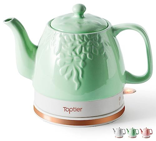 Toptier Electric Ceramic Tea Kettle, Boil Water Quickly and Easily, Detachable Swivel Base & Boil Dry Protection, Carefree Auto Shut Off, 1 L, Green Leaf