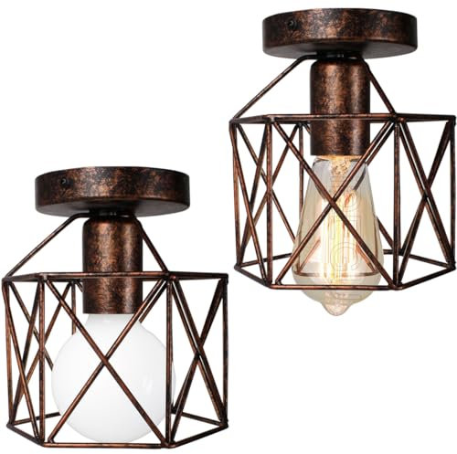 iDEGU 2 Stück Deckenleuchten Industrielle 15cm Retro Deckenlampe aus Eisen Lampenschirm in Sechseck Käfig Vintage Design E27 Kronleuchter für Flur Küche Wohnzimmer Schlafzimmer Dekoration (Rost)
